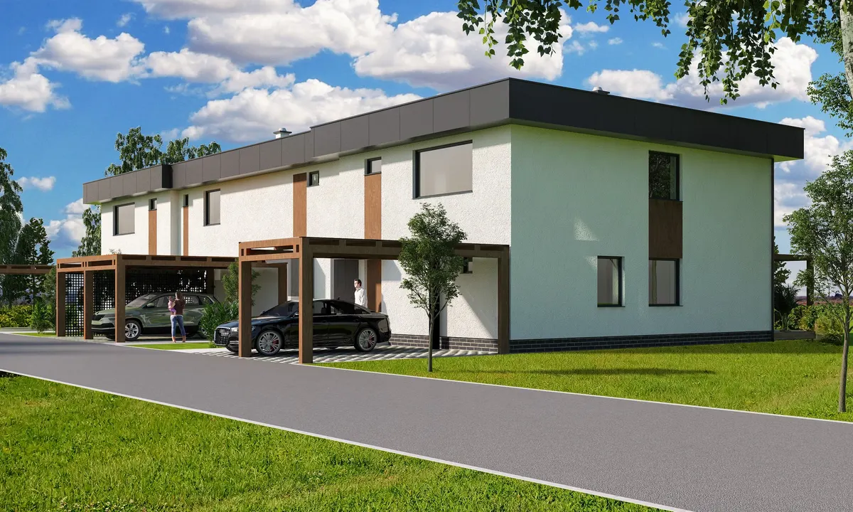 Moderný dom s plochou strechou, bielou omietkou, drevenými akcentmi a prístreškom s dvoma autami.